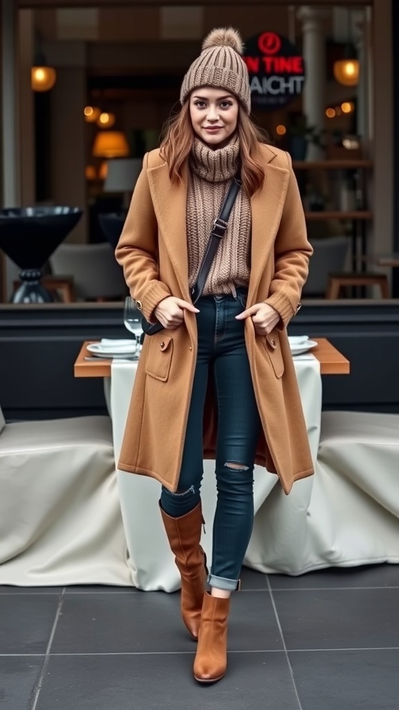 Winter Brunch Outfit Ideas A fashionable winter brunch outfit with a knit sweater, jeans, and ankle boots, set in a cozy brunch environment.